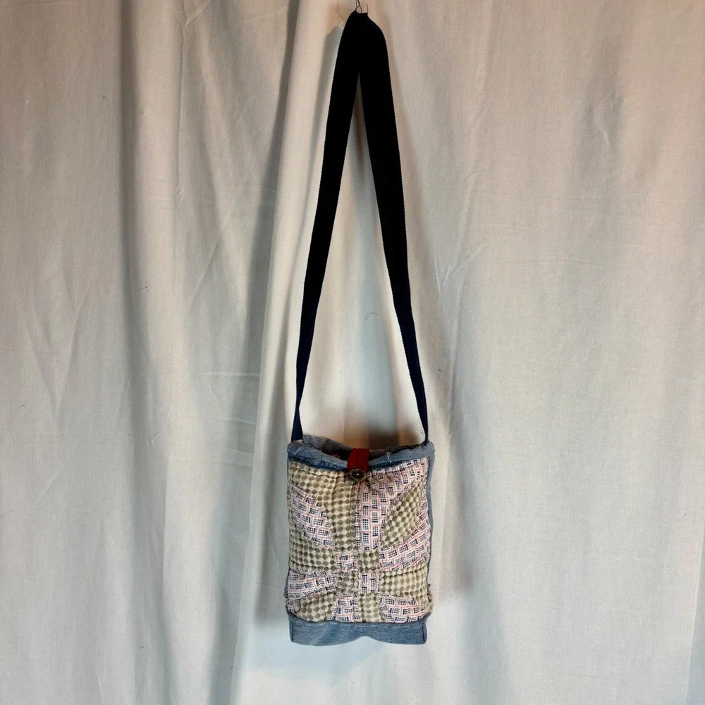 Handmade Quilted‎ Patchwork Denim Crossbody Bag Toile Lining Blue Tan Small
